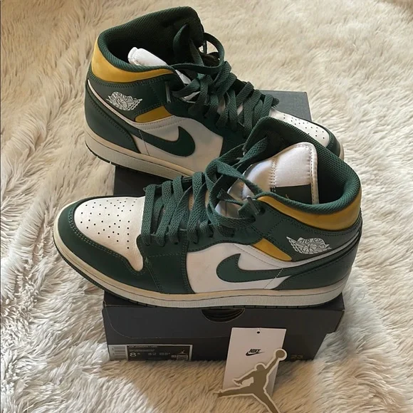 Air Jordan 1 Mid Green and Yellow SneakersSonics
